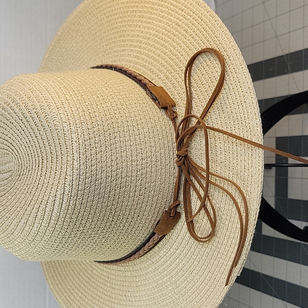 Adjustable Straw Hat Turquoise/Silver Beaded Band… - image 4